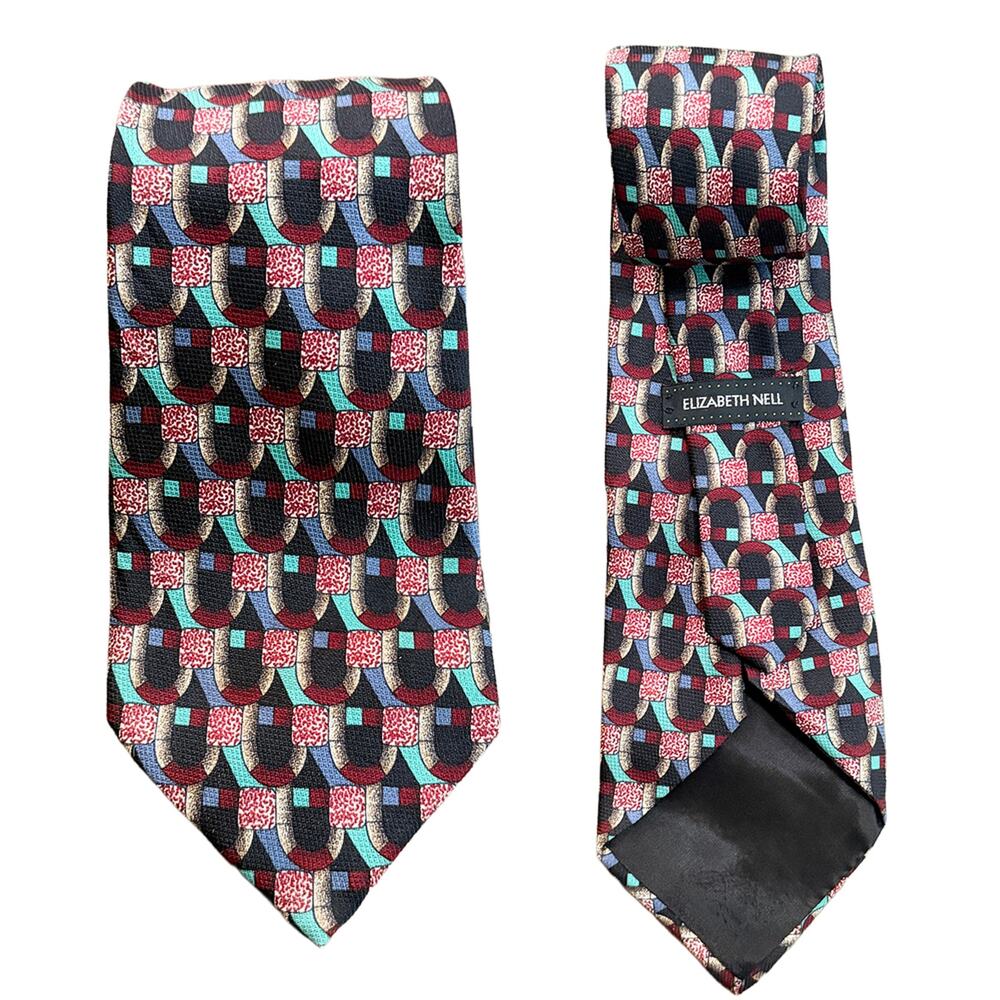Elizabeth Nell 100% italian silk men’s necktie retro 80s geometric pattern VTG